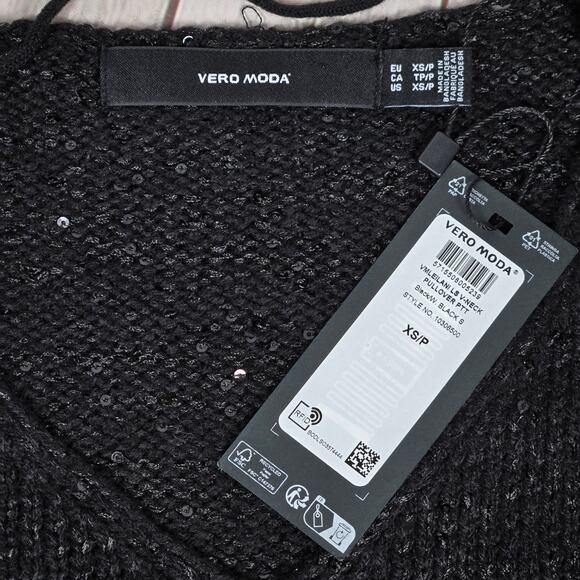 Vero Moda Leilani Long Sleeve V-Neck Pullover Sequin Sweater Black XS NWT - Picture 3 of 7